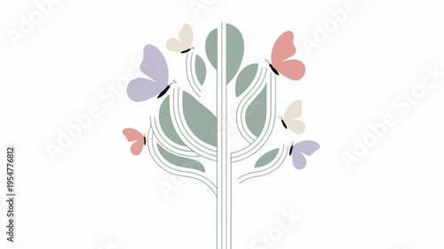 Colorful butterflies flutter around a stylized tree with green leaves on a white background symbolizing nature and freedom