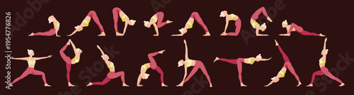 Set of slim woman doing yoga asana poses. Vector illustration