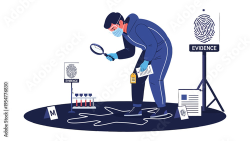 Forensic Investigation: A determined investigator meticulously examines a crime scene, utilizing a magnifying glass to uncover crucial evidence and unravel the mysteries of the incident.