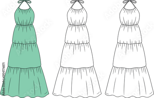 Mint green tiered maxi dress technical flat sketch with halter neckline and gathered layers, elegant summer fashion apparel template showing front and back garment design illustration