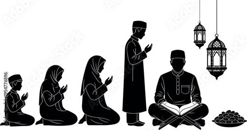 Muslim family praying together with Quran reading and Ramadan lantern decorations, Islamic worship silhouette illustration, spiritual devotion and holy month celebration vector isolated background