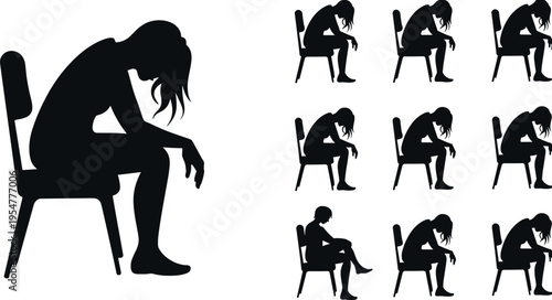 Sad depressed woman sitting on chair silhouettes collection, emotional stress and mental health concept with lonely female poses isolated on white background illustration