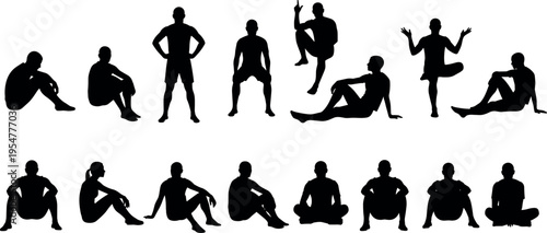Set of male silhouette poses sitting standing and stretching, human body posture collection, fitness lifestyle concept, minimal black pictogram figures isolated on white background