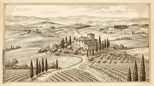 A detailed pen and ink style drawing depicts a sprawling Tuscan villa nestled amidst rolling hills, vineyards, and cypress trees, evoking a sense of rustic elegance and European charm.