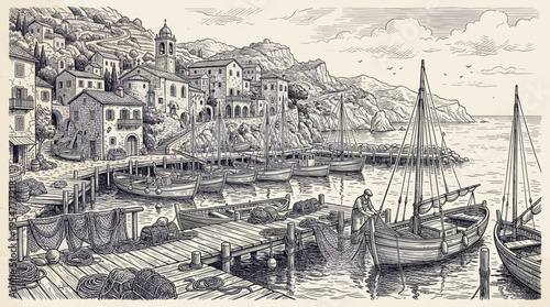 A detailed pen and ink illustration depicts a charming Mediterranean fishing village harbor with numerous boats docked at wooden piers.