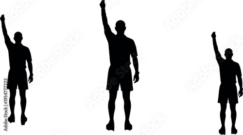 Silhouette of three football referees raising hand signal isolated on white background, sports official gesture, teamwork concept, soccer match authority pose, minimal vector style