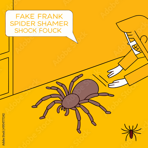Cartoon man shaming fake spider in bright yellow room