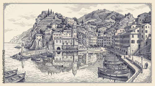 A vintage, black and white illustration depicts a charming coastal village nestled on a hillside overlooking a serene harbor filled with boats and a lighthouse.