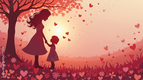Vector illustration of mother and child in heart-filled landscape