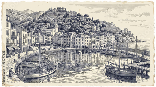 A detailed vintage-style illustration depicts a picturesque Italian coastal village with boats docked in a harbor, set against a backdrop of hills.