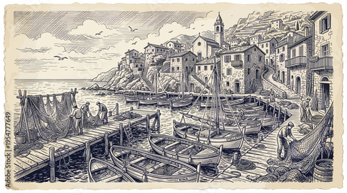 This vintage illustration depicts fishermen working on a wooden pier, mending fishing nets next to docked boats in a charming European coastal village.
