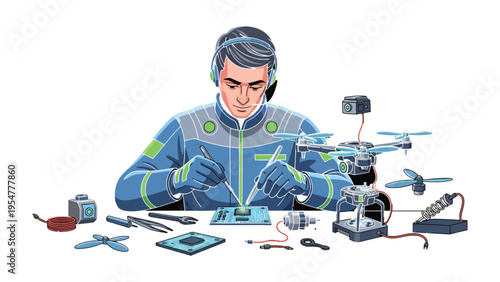 Drone Technician at Work: A skilled technician diligently works on a drone, surrounded by tools and equipment.