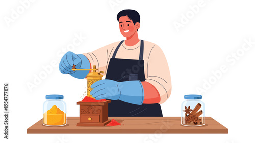 Crafting Spice: A culinary artisan meticulously grinds spices, bringing out the essence of flavor in a scene of culinary creativity.