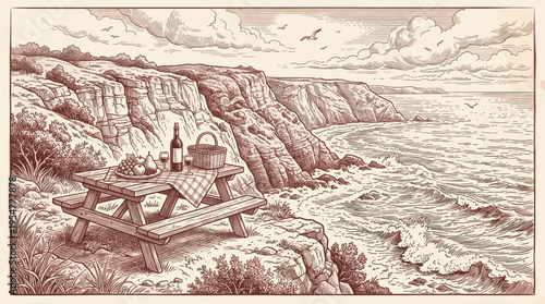 A vintage sketch depicts a picnic spread on a cliff overlooking a stormy ocean, evoking a sense of rustic adventure and serene escape.
