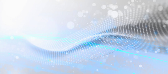 Abstract Light Blue Digital Particle Wave on Soft White Background, Flowing Dot Grid Data Visualization with Bokeh and Cyan Light Accent, Clean Technology Concept Wallpaper