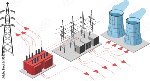 electric power distribution diagram, transformer substation network, transmission towers grid, cooling tower plant, energy generation infrastructure, engineering infographic illustration design