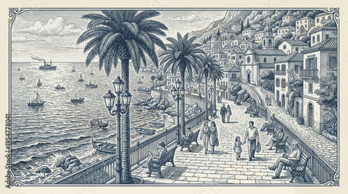 This vintage-style illustration depicts a charming seaside village with palm trees, boats on the water, and people strolling along the promenade.