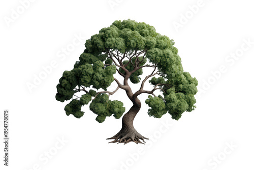 Lush green tree with spreading canopy and visible roots, showing nature, growth, environment, and ecosystem on transparent background