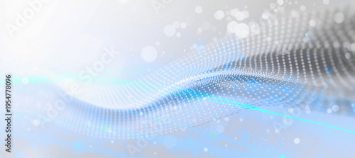 Obraz na plátne Abstract Light Blue Digital Particle Wave on Soft White Background, Flowing Dot