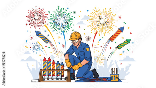 Fireworks Technician at Work: An expert technician meticulously prepares a dazzling fireworks display, setting the stage for a burst of color and excitement in the night sky.