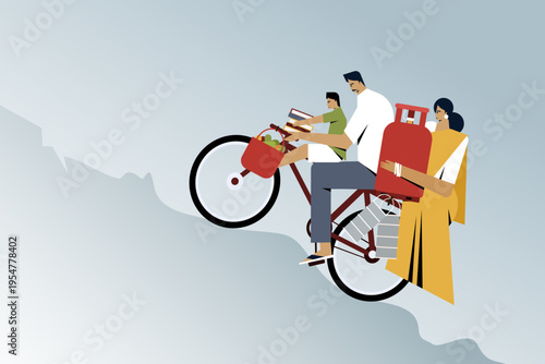 Conceptual illustration of an Indian family riding a bicycle uphill carrying groceries and a gas cylinder, symbolising rising cost of living, inflation, financial burden, and everyday struggle