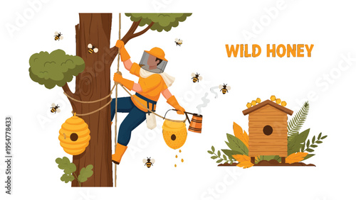 Wild Honey Harvest: A vibrant illustration depicts a beekeeper skillfully harvesting wild honey from a towering tree, surrounded by buzzing bees, with a wooden beehive nearby.