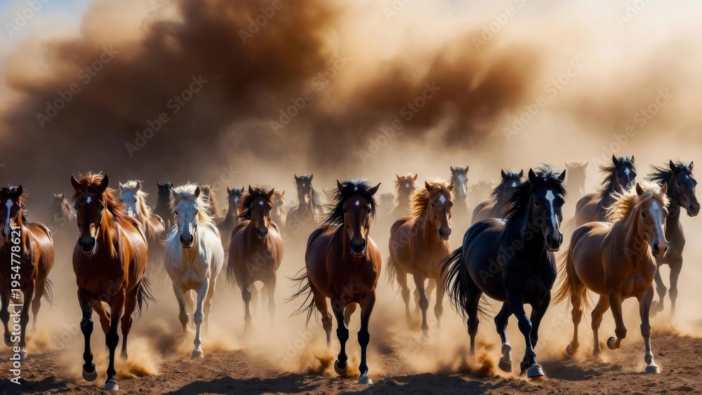 Obraz premium Herd of horses charging toward viewer across dusty plain