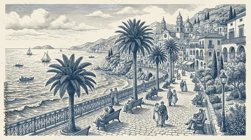 An elegant, vintage illustration depicts a bustling Italian coastal town with palm trees, a scenic promenade, and boats on the azure sea, evoking a sense of timeless European charm.