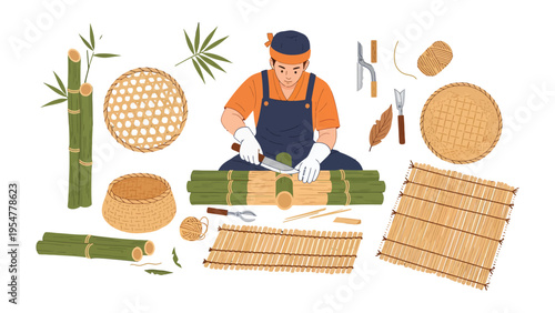 Artisan Crafting Bamboo Products: A skilled artisan meticulously works on crafting bamboo products, surrounded by the tools of his trade and the natural beauty of bamboo.