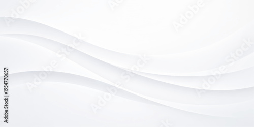 White paper cut abstract wave background with layered curved shapes, light gray flowing lines, soft shadows and smooth 3D depth creating minimal modern elegant design surface.