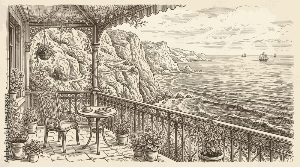 Obraz premium Intricate sketch depicts a charming balcony with potted plants, a table and chair, overlooking a dramatic cliffside leading to a wavy ocean with sailboats.