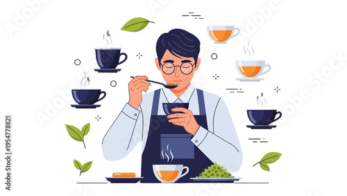 Tea Tasting Connoisseur: A discerning tea sommelier expertly savors the aroma and flavor of various tea infusions. He carefully examines and tastes with focus and knowledge.