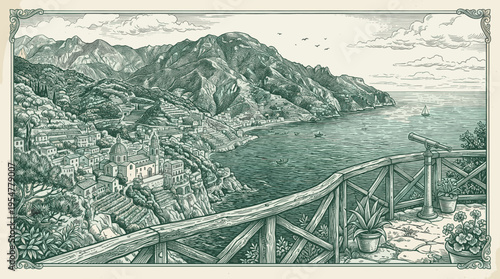 An intricate, vintage illustration depicts a charming Italian coastal village nestled among lush green hills, overlooking a serene blue sea with boats and a distant sailboat.