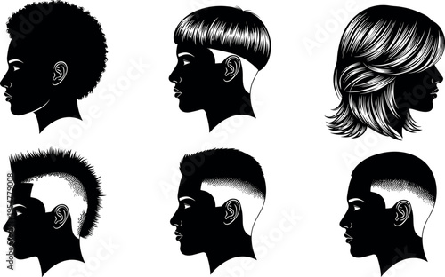 Hairstyle silhouette set with male and female head profiles, modern haircut collection including afro mohawk and bob styles, barber fashion vector illustration bundle