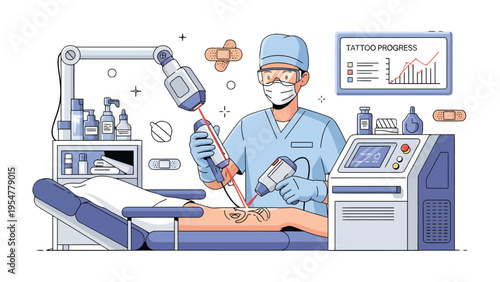 Modern Tattoo Removal: A skilled technician, utilizing advanced laser technology, expertly removes a tattoo, showcasing innovation and precision in the realm of dermatological procedures.