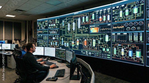 Medium shot of control room wall featuring a large digital twin interface displaying realtime equipment status and operational metrics for comprehensive plant monitoring.