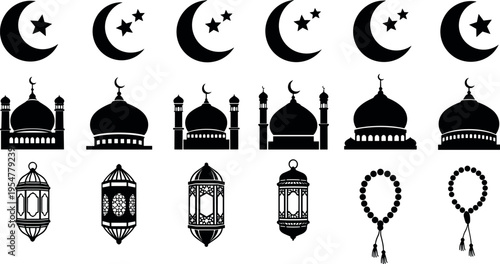 Islamic Ramadan silhouette set with crescent moon stars mosque domes lanterns and prayer beads, black religious symbol collection for Eid design vector illustration