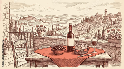 Sketch of a rustic table with wine, bread, and olives on a balcony overlooking a picturesque Tuscan village and rolling hills, evoking a sense of relaxation and Italian charm.