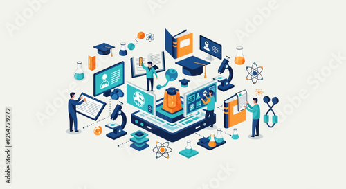 Online Education and E-Learning Concept: Isometric Vector Illustration of Students, Digital Technology, Science Research, and Academic Graduation Symbols on White Background