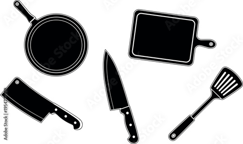 Kitchen utensil silhouette set including frying pan, knife, cleaver, cutting board and spatula, black isolated vector illustration for cooking, culinary tools and food preparation