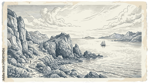 An antique illustration depicts a rugged coastal landscape with rocky cliffs, sparse vegetation, and a sailboat on the ocean under a cloudy sky.