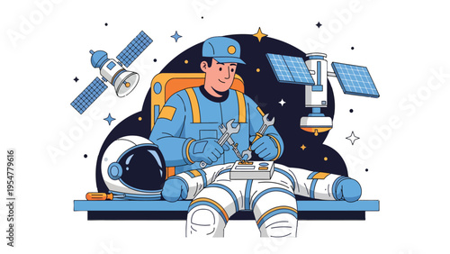 Cosmic Maintenance: An astronaut meticulously repairs an intricate space suit amidst the backdrop of stars and celestial objects. It evokes the spirit of exploration and discovery.