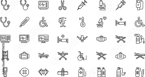 Medical line icon set with hospital equipment symbols including stethoscope syringe wheelchair stretcher monitor and oxygen tank, healthcare outline vector illustration collection isolated