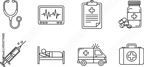 Medical line icon set with stethoscope syringe ambulance hospital bed medicine bottle first aid kit cardiogram monitor, healthcare outline vector collection isolated on background