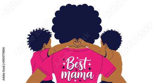 Black Motherhood Illustration of Mom and Two Sons with Best Mama Text and Heart Hand Sign