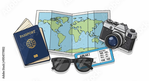 Travel Essentials Passport Map Camera and Sunglasses for Adventurers