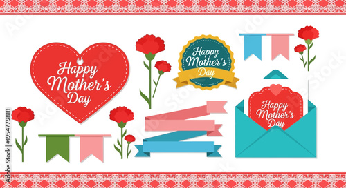 Happy Mother's Day Design Elements Set with Heart Tags, Red Carnations, Envelopes and Ribbons; Flat Vector Illustration for Greeting Cards and Social Media