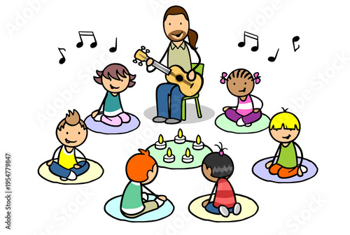 Musiklehrer an Grundschule singt mit Gruppe Kinder