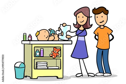 Junge Eltern beim Windelwechsel von Baby auf Wickelkommode