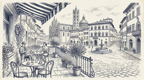 A charming sketch of an outdoor cafe in a European city, with people enjoying coffee amidst historic buildings and a fountain.